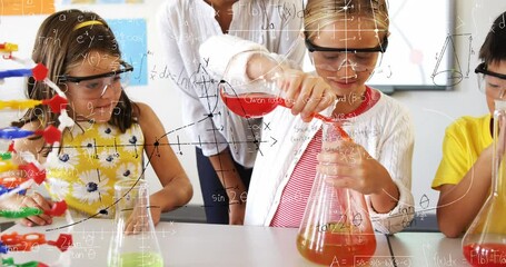 Wall Mural - Animation of mathematical equations on caucasian girl performing experiment in laboratory at school