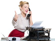 Retro Woman Working In Office With Vintage Typewriter And Phone, Dressed In Pin-up Style