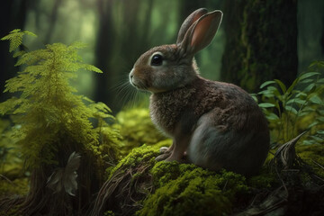 Wall Mural - Generative AI, young gray rabbit in the spring in the forest. Animal illustration.
