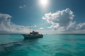 Boat in turquoise ocean water against blue sky with white clouds