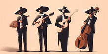 Mexican Mariachi Band, Traditional Hispanic Music Group Latin Men Playing Instruments Guitar And Bass, Generative AI