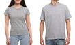 © New Africa - People wearing grey t-shirts on white background, closeup. Mockup for design