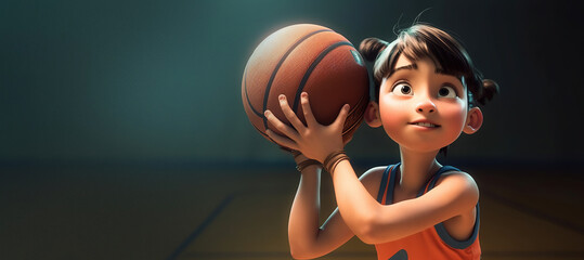 beautiful active basketball player child in jersey uniform holding a basketball ready to play as wide banner with copyspace area for text - Generative AI