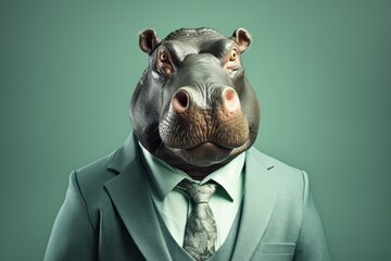 Anthropomorphic Hippo dressed in a suit like a businessman. Business Concept. AI generated, human enhanced