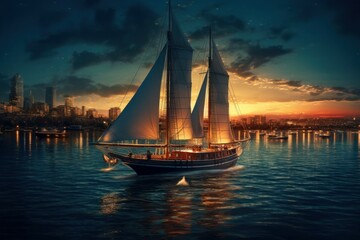 Sailboat at night at sea. Backdrop or background with copy space. AI generated, human enhanced.