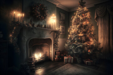 Wall Mural - Beautiful cozy Christmas interior with a fireplace. Neural network AI generated art