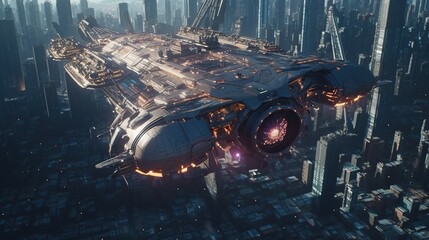 Wall Mural - colossal spaceship hovers in the city sky, digital art illustration, generative ai