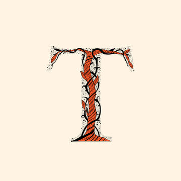 letter T with branches and leaves