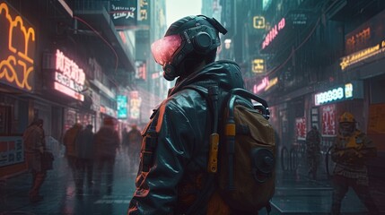 Wall Mural - cyberpunk soldier navigates dystopian city, digital art illustration, Generative AI