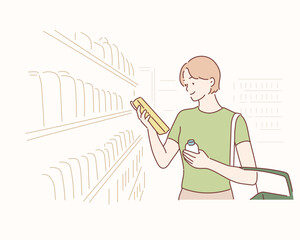 woman looking at product at grocery store. Hand drawn style vector design illustrations.