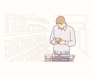 man looking at product at grocery store.Hand drawn style vector design illustrations.