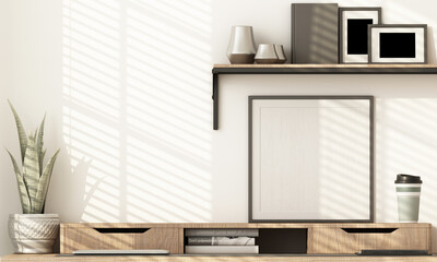 Poster - side view of desk consisting of stationary equipment and technological equipment with green plant pots in corner of work from home or freelance workspace on wooden table and white wall 3d render