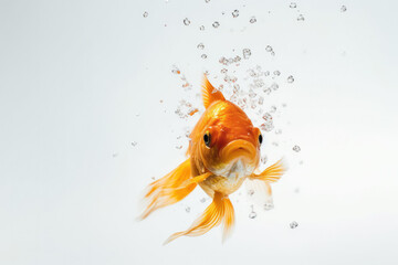 Wall Mural - White underwater goldfish with air bubbles.