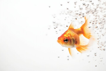 Wall Mural - White underwater goldfish with air bubbles.
