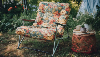 Poster - Comfortable chair in rustic forest meadow setting generated by AI