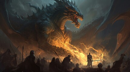 Wall Mural - fierce fire breathing dragon war, digital art illustration, Generative AI
