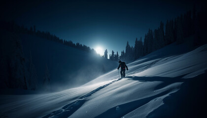 Poster - Silhouette of snowboarder gliding through powder snow generated by AI