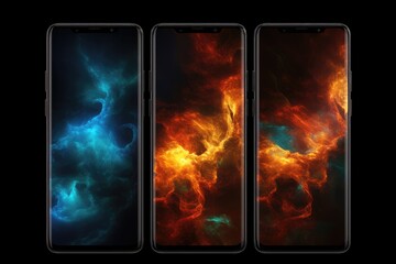 Wall Mural - Phone with energy and fire wallpaper wt the galaxy sky. Generative AI.