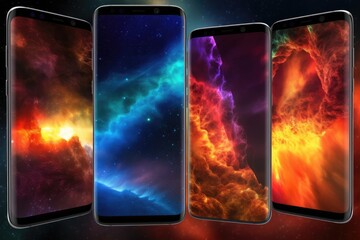 Wall Mural - Phone with energy and fire wallpaper wt the galaxy sky. Generative AI.