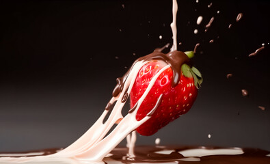 Wall Mural - A delectable mix of sweet strawberry fruit and creamy chocolate milk, with a refreshing hint of strawberry milk to create the perfect balance of flavors on dark background. generative AI.