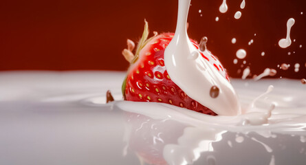 Wall Mural - A delectable mix of sweet strawberry fruit and creamy chocolate milk, with a refreshing hint of strawberry milk to create the perfect balance of flavors on dark background. generative AI.