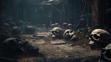 Haunting Scene Of Humans Skulls And Debris, Digital Art Illustration, Generative AI