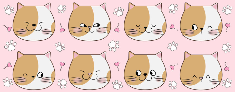 cat face 8 emotions graphic drawing cute illustrations colorful, simple style, easy on the eyes.