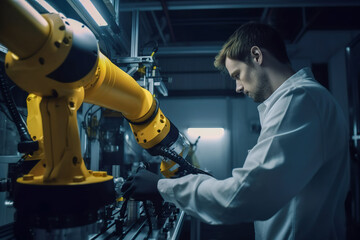 Poster - Engineer working with robot arm in factory. Smart industry 4.0 concept. Generative AI