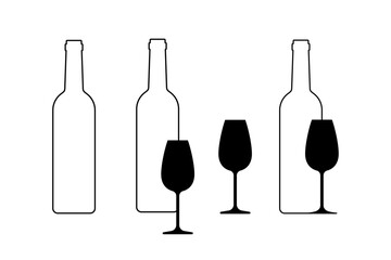 Wall Mural - Wine bottles and glasses black icons collection. Vector elements on white background. Best for print, package, mobile apps, UI and web design.