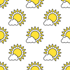 Wall Mural - sun and cloud vector seamless pattern. stylized elements with black outline on white background.