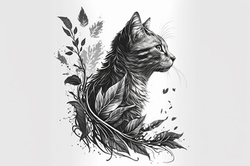 Wall Mural - Artistic Cat With Innovative Plant Art on White Background with generative AI technology