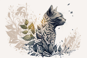 Naklejka na meble Artistic Cat With Innovative Plant Art on White Background with generative AI technology
