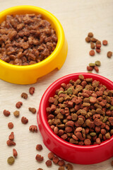 Poster - Wet and dry pet food in feeding bowls on light background. Vertical photo