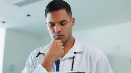 Poster - Thinking, doctor and typing on medical tablet for healthcare, medicine and health insurance research. Male worker in a hospital for internet, remote care and telehealth network support on mobile app
