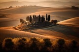 Fototapeta  - Tuscany Belvedere Farm House with Rolling Hills and Tuscan Green Grass Fields in Italy, Stunning Italian Scenic Landscape Wallpaper, Generative AI