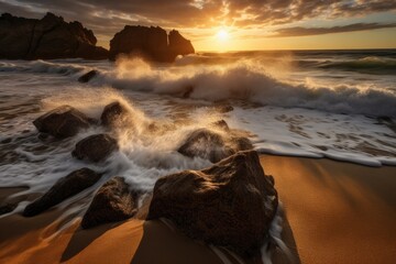 Wall Mural - Caribbean Tropical Island Paradise, Sandy Beach at Sunset with Rocks, Stunning Travel Scenic Landscape Wallpaper, Generative AI
