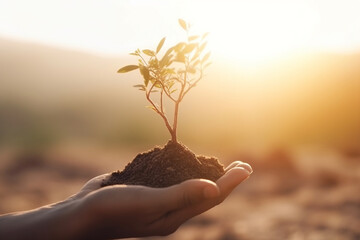 Nature protection and planet Earth protection concept. Human holding growing small tree in hands. Planting trees and save nature and forest idea. Desert in background during sunset. Generative AI