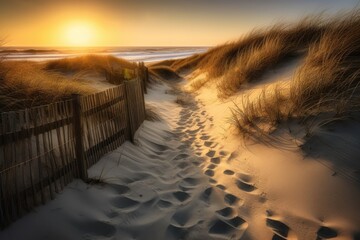 Wall Mural - outer banks beach sunrise over ocean, stunning scenic landscape wallpaper, generative ai