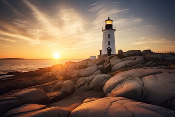 Wall Mural - new england lighthouse at summer sunset, cape cod light house on the atlantic coast, stunning scenic