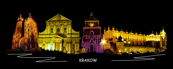 Wall Mural - Collage about Krakow, Poland - The night view - art design