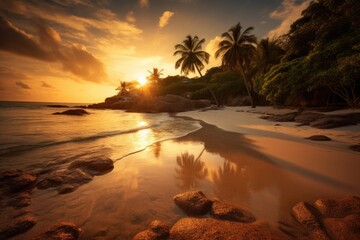 Wall Mural - Caribbean Tropical Island Sandy Beach at Sunset with Palm Trees,  Stunning Travel Scenic Landscape Wallpaper, Generative AI