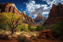 Zion National Park, Mountain Vista, Utah Scenic Landscape Wallpaper, Tourism, Post Card, Generative AI