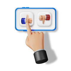 Poster - 3D Thumbs Up and Thumbs Down Hands Gestures in Mobile Phone Isolated. Render Like and Dislike Hand Symbols on Screen. Customer Rating or Vote Icons. Cartoon Fingers Gestures. Vector Illustration