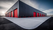 © piai - Modern black and red warehouse building with loading dock doors. Generative AI