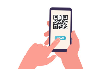 Poster - Hand holds smartphone scanning the QR code. Concept online shopping and payment, conducting transactions, searching applications.