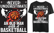 Never underestimate an old man with a basketball tshirt design, vector, typography tshirt, vintage, Illustration