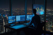 © Rytis - Business, finance and occupation concept. Man doing analysis behind multiple screens showing charts and statistics. Stock, crypto, forex, financial market research. Cityscape at night in background