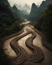 A Highway Made Out Of Winding Roadways With Flowing Water. Generative AI.