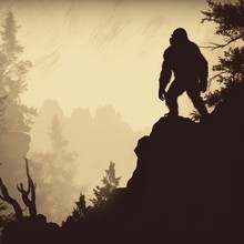 A Silhouette Of A Sasquatch Perched On A Cliff Ledge. Generative AI.