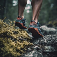 A Trail Runner On A Mountain Path Wearing Trail Running. Generative AI.